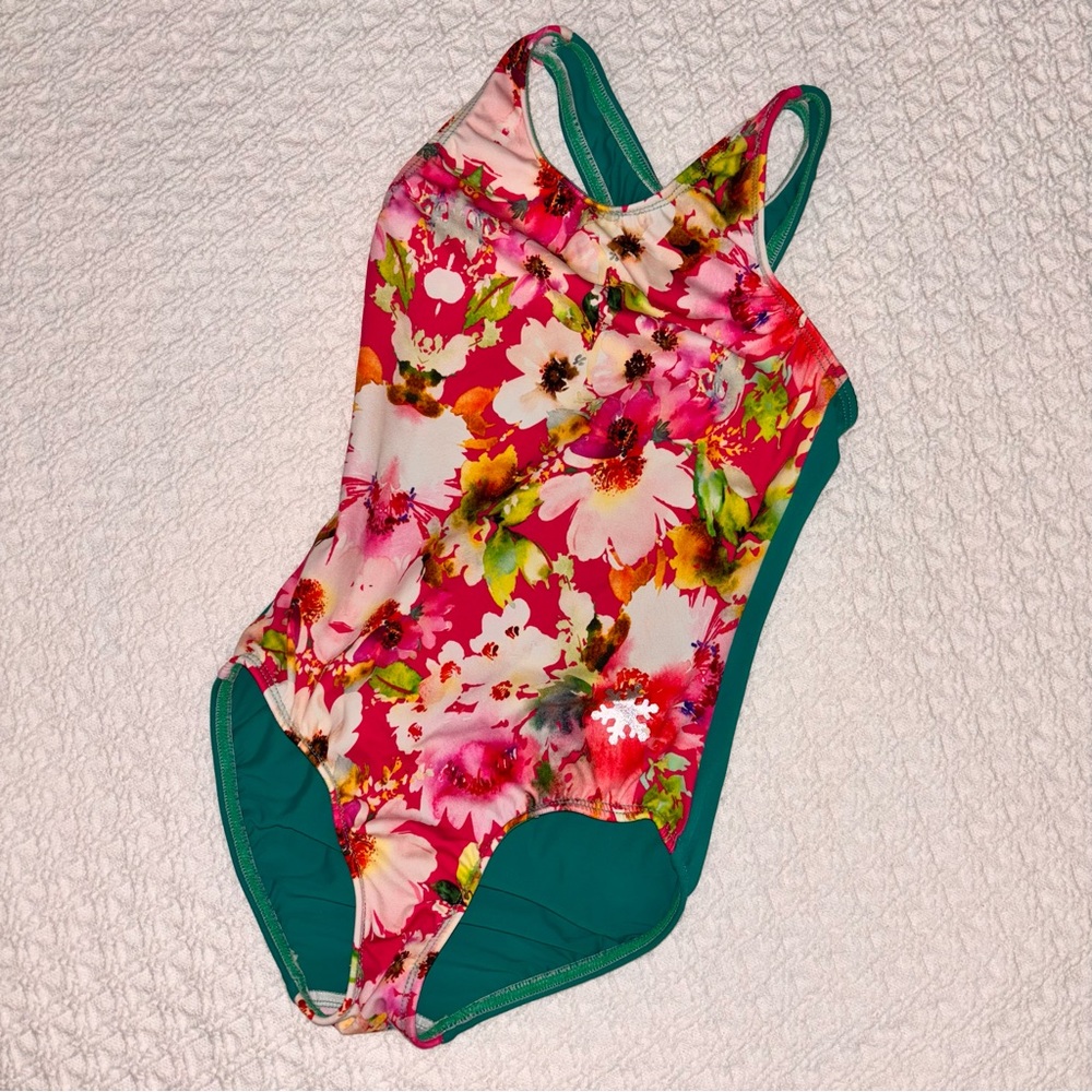 Snowflake designs child medium pink flower print/teal green gymnastics leotard